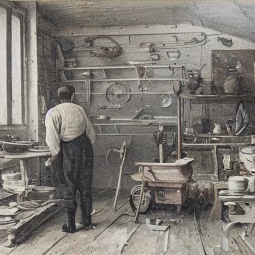 Prompt: old boat builder at work in his shop. late 1 9 th century. oil on canvas.