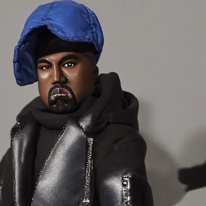 Image similar to kanye west, a goodsmile figure of kanye west using a full face covering black mask, a small, tight, child size reflective bright blue round puffer jacket made of nylon and big black balenciaga rubber boots, figurine, detailed product photo