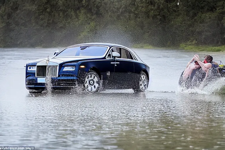 Image similar to Teenagers push Rolls-Royce into lake with their hands from a small slide wanting to drown him