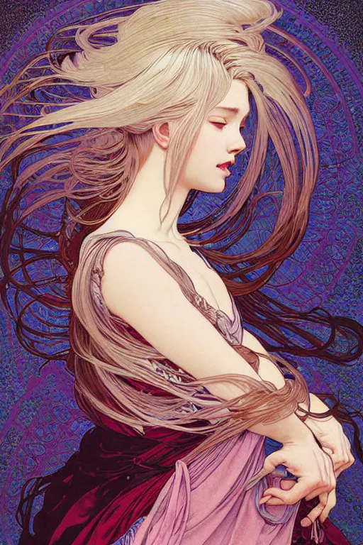 Prompt: beautiful portrait digital painting female holding white hair glowing, blush, pleated skirt, flowing hair, slim face, elegant, alphonse mucha, by yoichi hatakenaka, masamune shirow, josan gonzales and dan mumford, ayami kojima, takato yamamoto, barclay shaw, karol bak, yukito kishiro