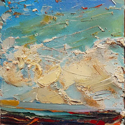 Image similar to oil paint impasto relief, beautiful italian beach scene, rough sea, multi layered thick brush marks, some splattered paint, in the style of ivan shishkin and frank auerbach and van gogh