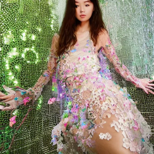 Image similar to cute cybernetically - enhanced young model in nature wearing valentino 2 0 1 6 spring floral lace patterned sheer skirt lounging by a mystical holo waterfall, wide - shot