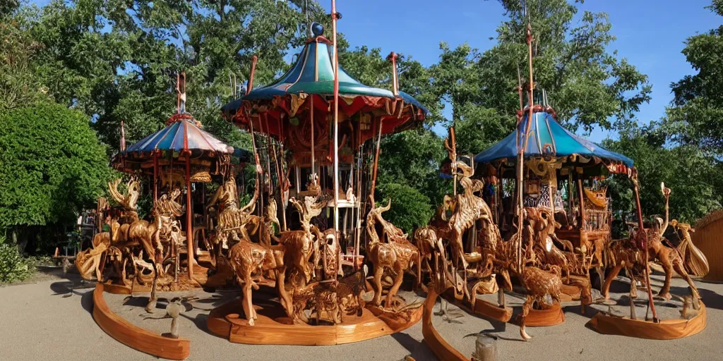 Prompt: a carousel with elaborately carved wooden figures of animals, beachwood, treehouse, secret garden, hedgemaze