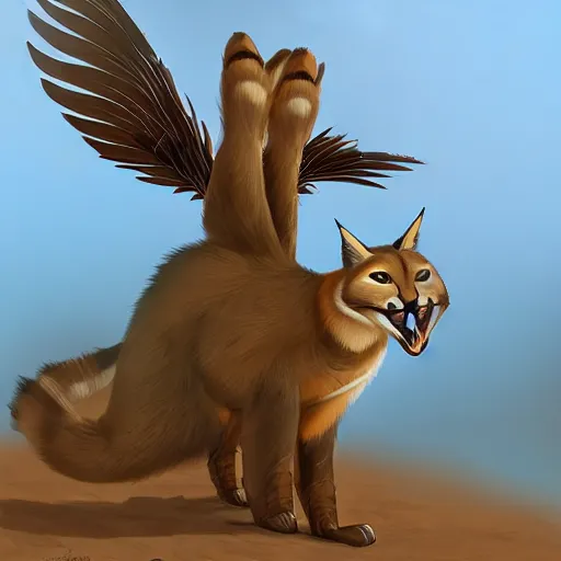 Image similar to very very beautiful avian furry art, male cute caracal wearing desert camo combat uniform, outstretched wings, commission on furaffinity, highly detailed digital art