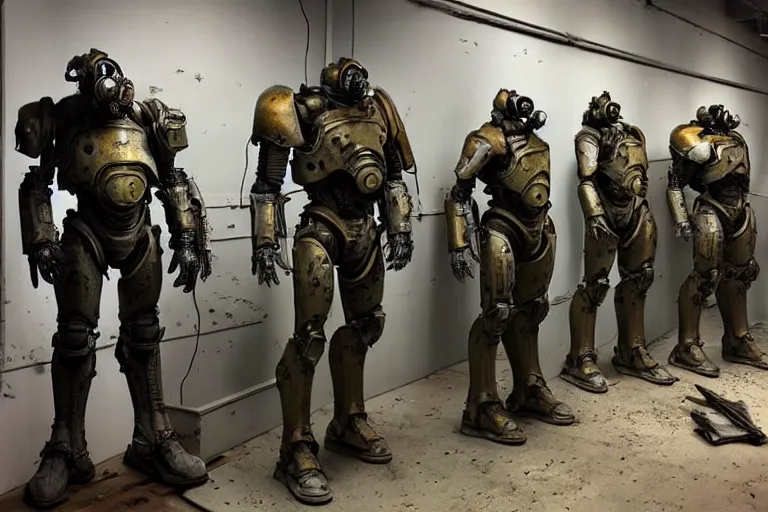 Image similar to photo taken of an epic intricate, ultra detailed, super realistic gritty, hero prop, exquisitely weathered very bulky fallout 4 power armour suits movie prop replica's in a row in the workshop, created by weta workshop, full body shot, photorealistic, sharp focus, white wall, cold colour temperture, golden ratio