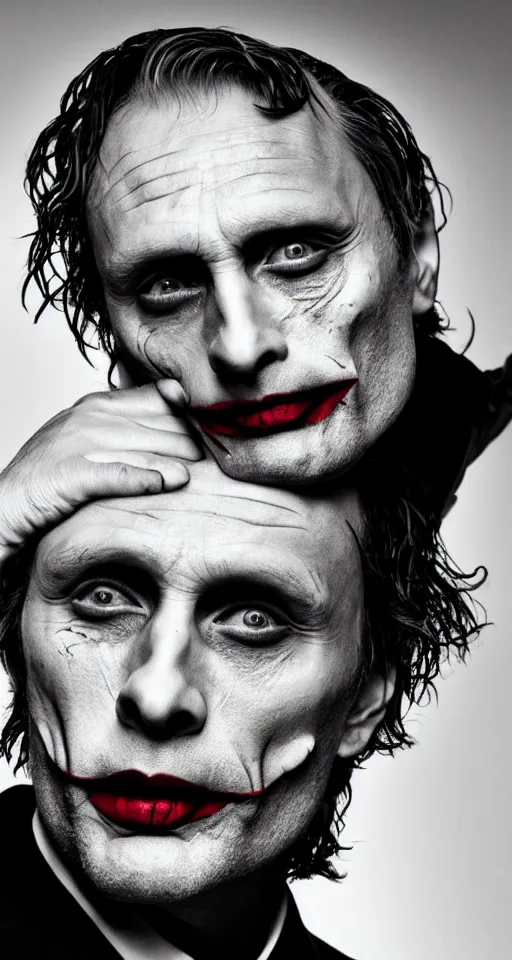 Image similar to mads mikkelsen as the joker, portrait, photograph, poster, focus