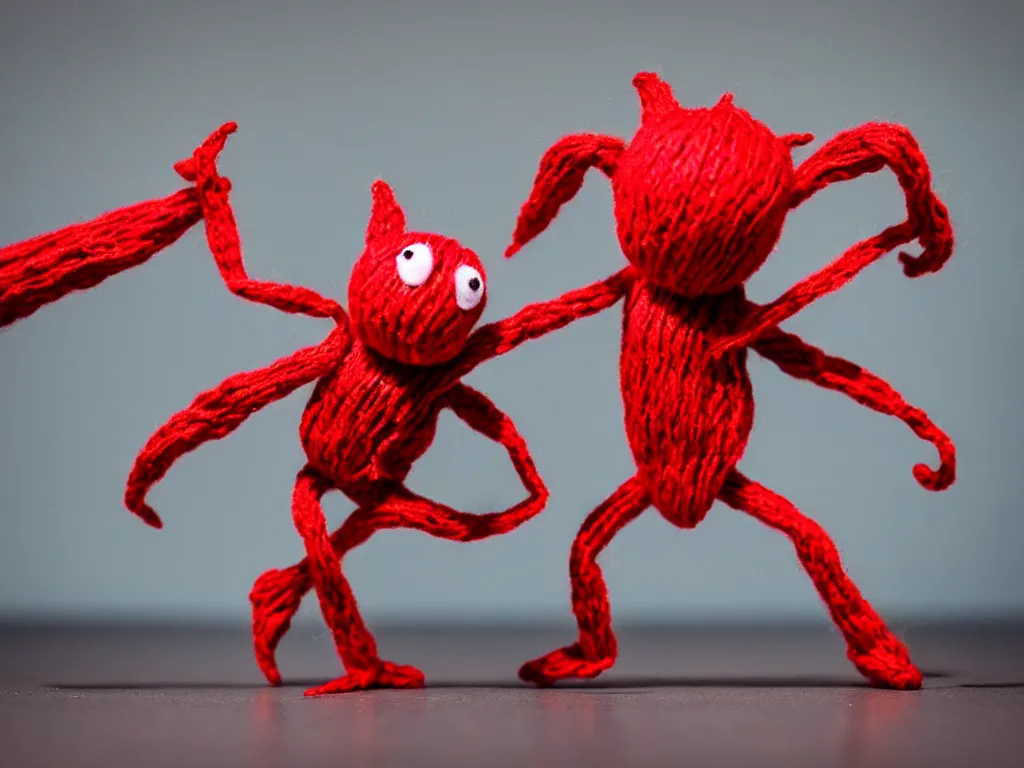 Prompt: a red yarny dancing on a lead