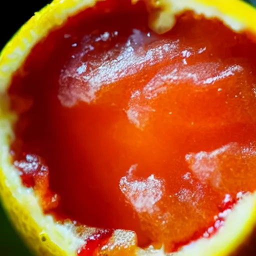 Prompt: close - up shot of a lemon covered in strawberry jam, macro lens, depth of field