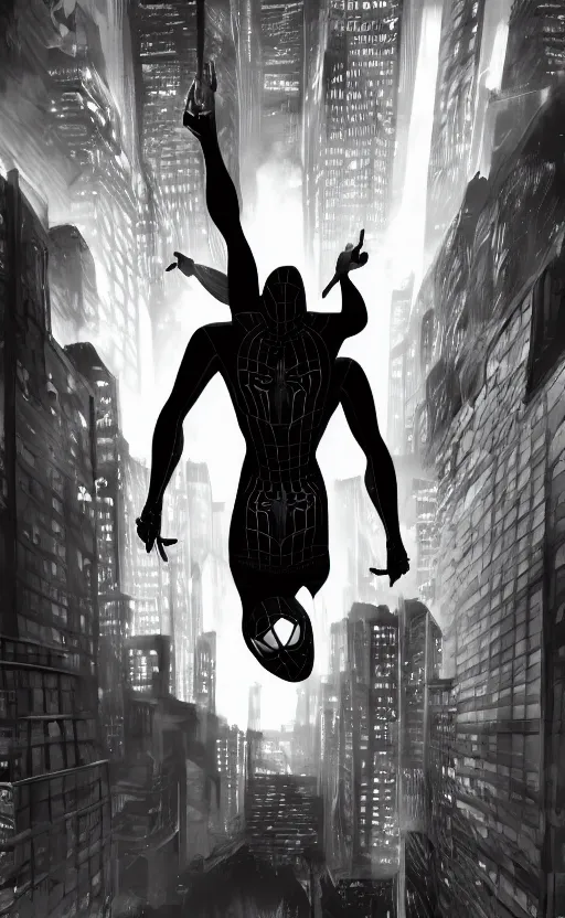 Prompt: epic spiderman noir wallpaper, dynamic lighting, photorealistic fantasy concept art, trending on art station, stunning visuals, creative, cinematic, ultra detailed