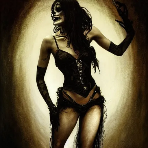 Prompt: beautiful portrait of vanessa hudgens as death from sandman, smiling, by cedric peyravernay, alphonse mucha, by jeremy mann, by lecouffe deharme, goth chic, tear tatoo, soft lightning, eyeliner, punk rock, high detailed, 8 k