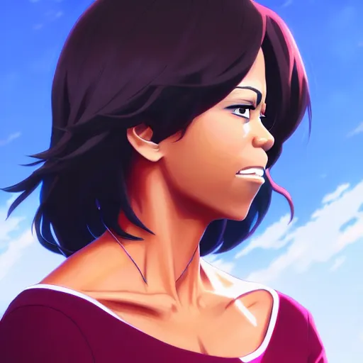 Image similar to beautiful makoto shinkai anime style digital painting portrait of michelle obama, 4 k, 8 k, hd, high resolution, highly detailed, intricate detail, ultra realistic faces, digital art, trending on artstation, your name, weathering with you