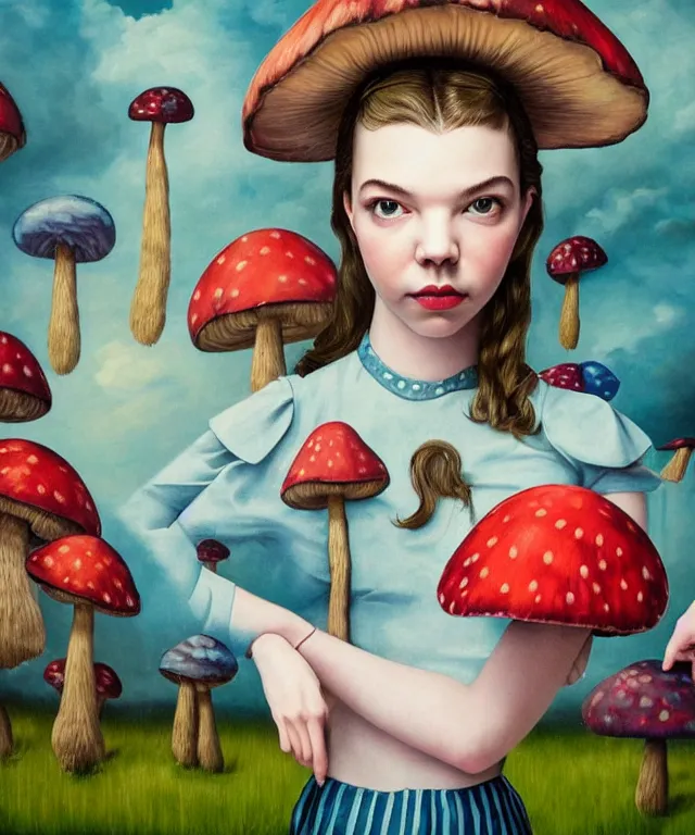 Prompt: portrait of Anya Taylor-Joy in wonderland, giant mushrooms, lowbrow painting by Mark Ryden