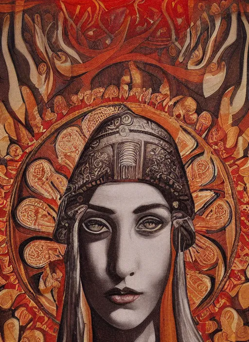 Image similar to Portrait of a beautiful priestess from the oracle of Delphi, looking into the flames, greek fabric by Julia Ustinovich