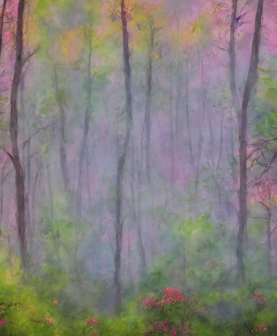 Prompt: a mysterious, foggy forest with haunted trees and colorful flowers, water painting