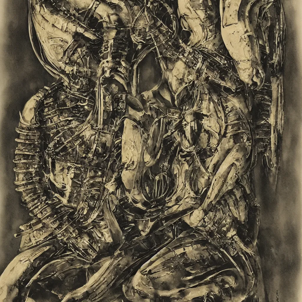 Image similar to poster of a beautiful meditating samurai by hans ruedi giger