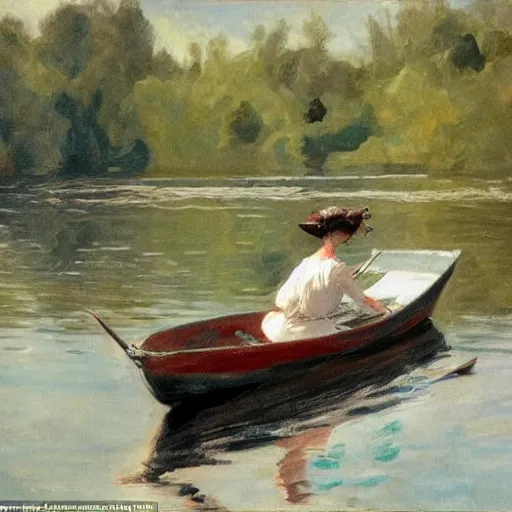 Image similar to An edwardian woman sitting in a boat on a calm lake in the style of Anders Zorn