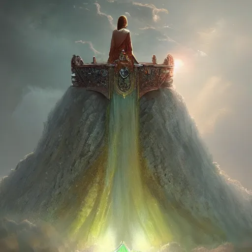 Prompt: a throne in heaven. On the throne sat someone who shone like a diamond or a ruby. Around the throne, a rainbow shone like an emerald. ,digital Art, hiperrealist Detailed, cinematographic, artstation Greg rutkowski