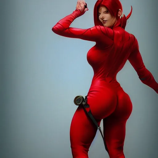 Image similar to a female with red horns wearing a skintight red mechanics jumpsuit, intricate, elegant, highly detailed, digital painting, artstation, concept art, smooth, sharp focus, illustration, art by artgerm and greg rutkowski and alphonse mucha, 8 k