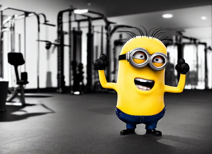 Image similar to a minion in the gym executing squats, strong, fitness, muscle, fotorealistic, 4 k