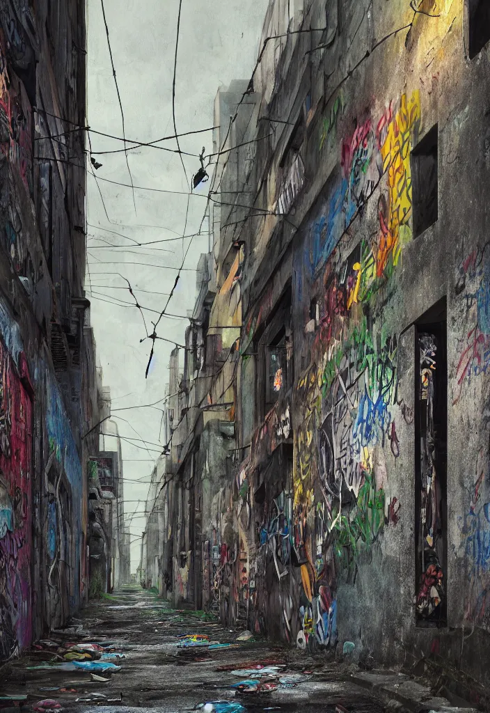 Prompt: looking down a claustrophobic urban alley with dumpsters graffiti and power lines in east vancouver, art by dora carrington, brutalism, hi res, unreal engine, 8 k, ultra - realistic, gritty, 1 0 0 mm, volumetric lighting, golden ratio, intricate detailed, jaw dropping, gorgeous, surreal, octane render