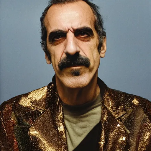 Prompt: a portrait of frank zappa with background scenery by juergen teller, iris van herpen