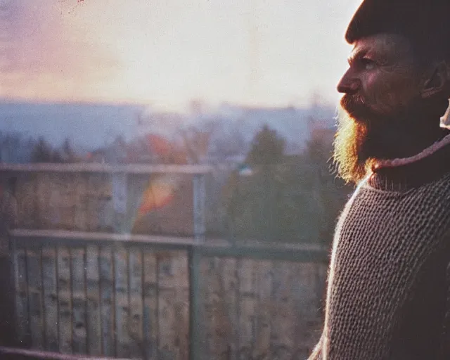 Image similar to award - winning lomographic tarkovsky film still of 4 0 years russian man with beard and sweater standing on small hrushevka 9 th floor balcony in taiga looking at sunset, cinestill, bokeh