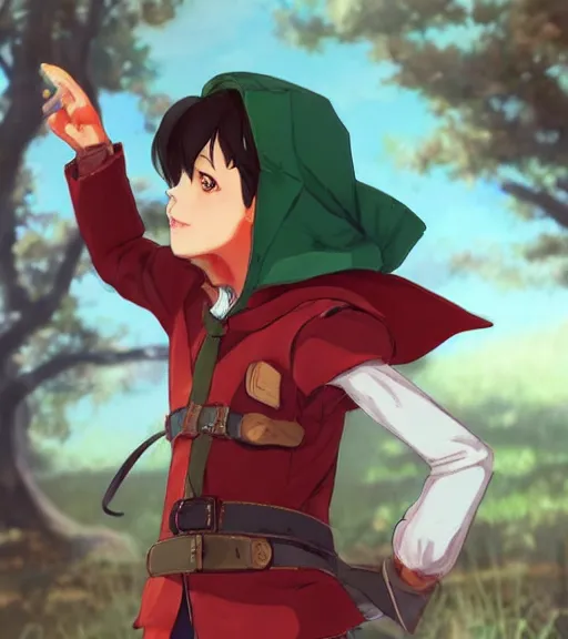 Image similar to attractive little boy character inspired in little red riding hood and narancia from jojo, digital artwork made by akihiko yoshida and makoto shinkai