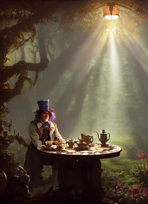 Image similar to The Mad hatter sitting in his tea table, mist, sunrays, dust in the air, DnD character, unreal engine, octane render, dramatic lighting, pond, digital art, by Stanley Artgerm Lau, greg rutkowski, thomas kindkade, alphonse mucha, loish, norman Rockwell,