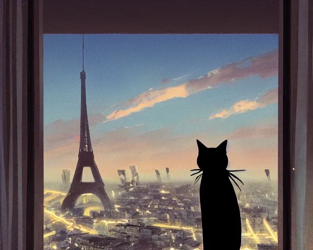 Image similar to a black cat sitting on the top of a building overlooking a French city, Eiffel Tower in the background. Atmospheric lighting, warm lighting, wide shot, sunset. By Makoto Shinkai, Stanley Artgerm Lau, WLOP, Rossdraws, James Jean, Andrei Riabovitchev, Marc Simonetti, krenz cushart, Sakimichan, trending on ArtStation, digital art.