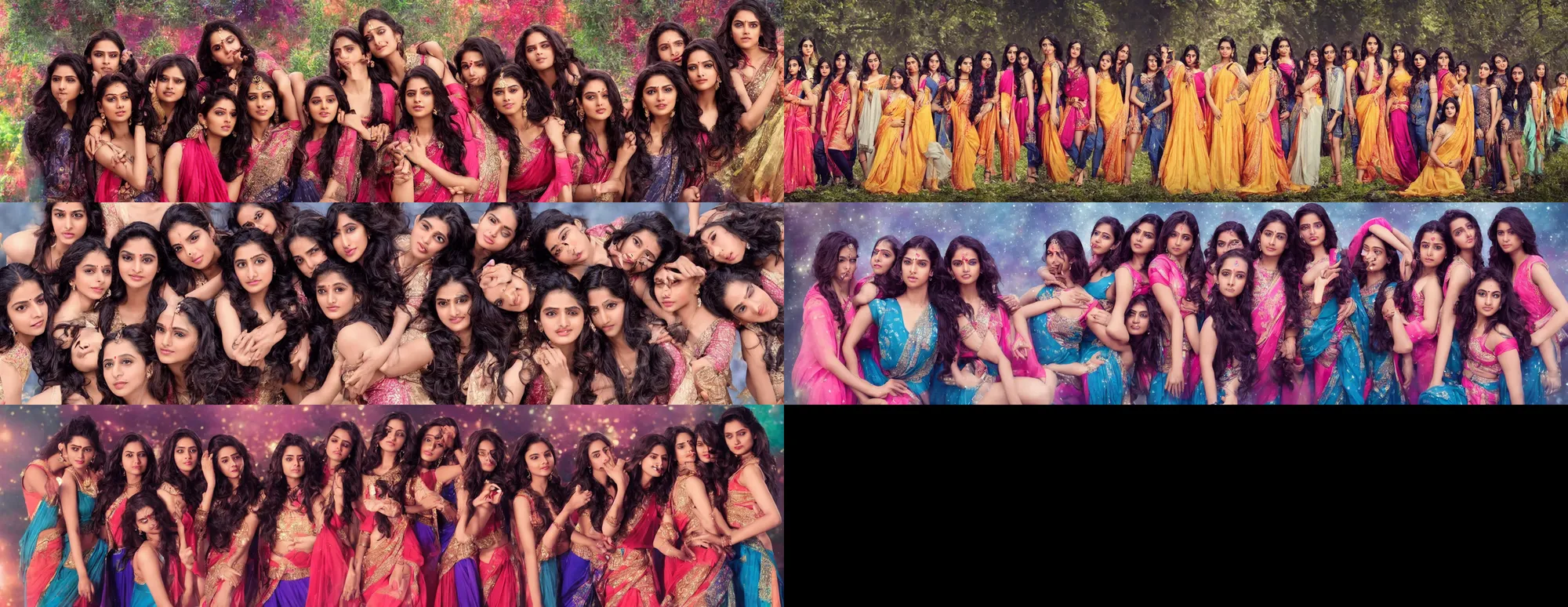 Prompt: unbelievably beautiful, perfect, dynamic, epic, cinematic 8 k hd movie shot, beautiful cute young indian bollywood actresses in indian girl band, posing together. motion, vfx, inspirational arthouse, high budget, hollywood style, at behance, at netflix, with instagram filters, photoshop, adobe lightroom, adobe after effects, taken with polaroid kodak portra