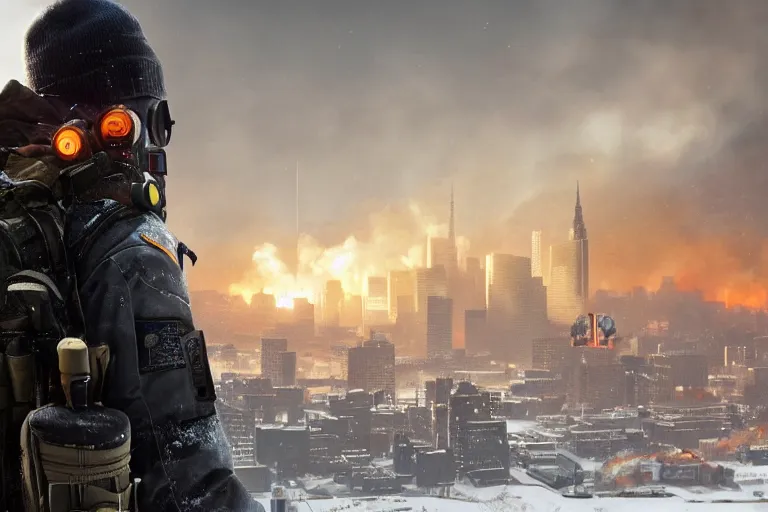 Image similar to close-up portrait of a group of agents from (Tom Clancy's The Division), (snowy new york in background), fires in background, high detail, digital art, matte painting, trending on artstation, by Tom Garden, by Marek Okon