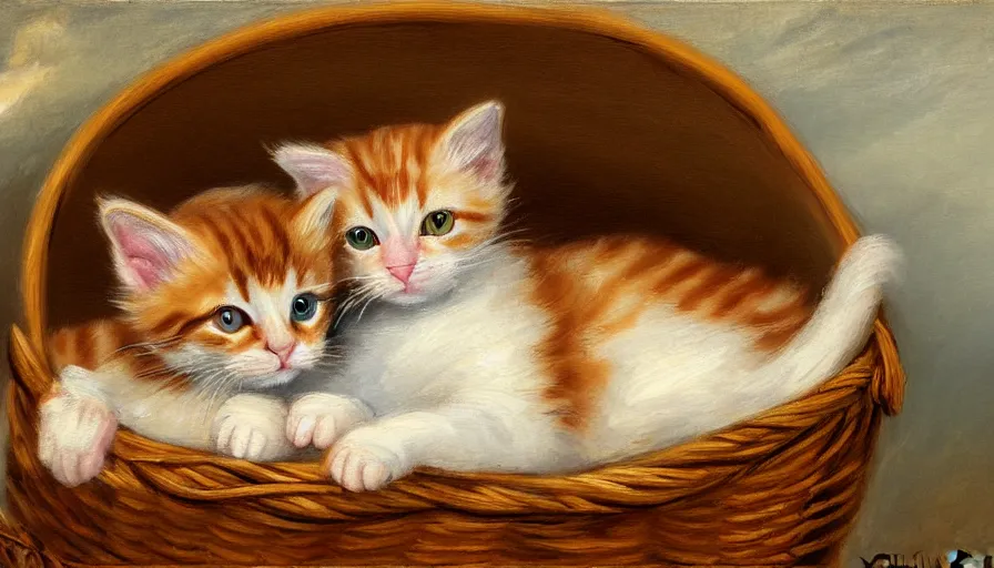 Prompt: highly detailed painting of cute furry calico and ginger tabby kittens cuddled up in a basket by william turner, thick brush strokes and visible paint layers, 4 k resolution