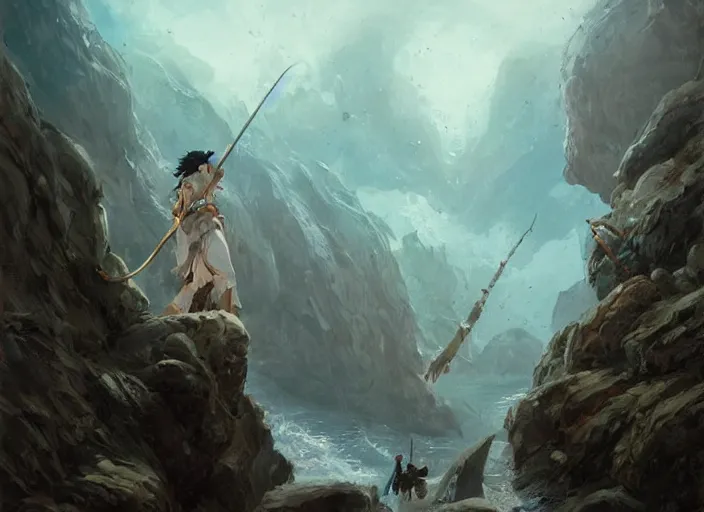Prompt: a man with a long wavy black hair wearing a long blue coat and holding a spear about to fight a giant lobster monster in a rocky chasm. dreamy fantasy art by greg rutkowski