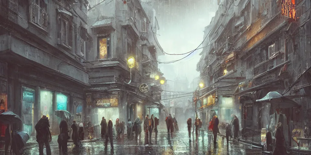 Prompt: rome style, small building, city, street, science fiction, cyberpunk, rain day, wide angle, full of people, moon, a lot of lights, cinematic lighting, high detail, digital painting, concept art, illustration, smooth, sharp focus, trending on artstation, trending on deviantart, 4 k
