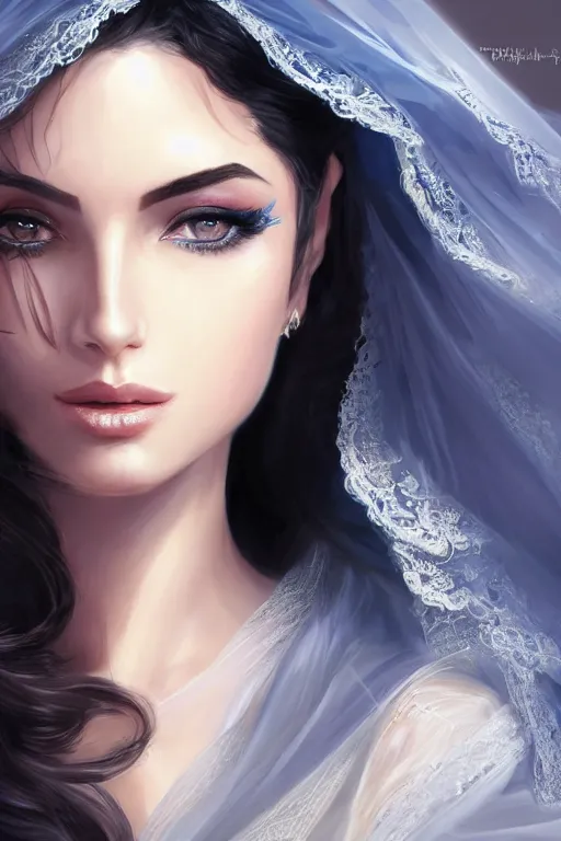 Image similar to Ameera al-Taweel, blue eyes, long wavy black hair, fierce look, white veil, closeup, focus face, elegant, highly detailed, centered, digital painting, artstation, concept art, art by artgerm