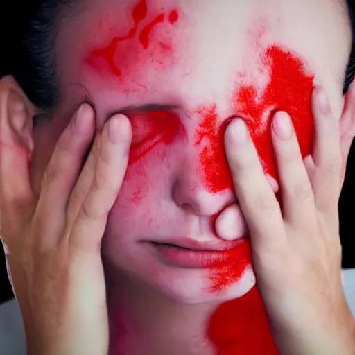 Image similar to headache being physically pulled out of a girl's head, red veins being pulled out of forehead, surreal photograph