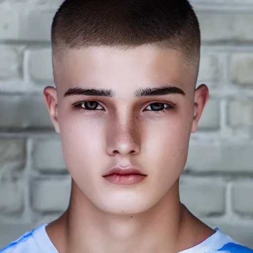 Image similar to attractive male teenager buzz cut hunter eyes high - quality highly detailed photo realistic 8 k