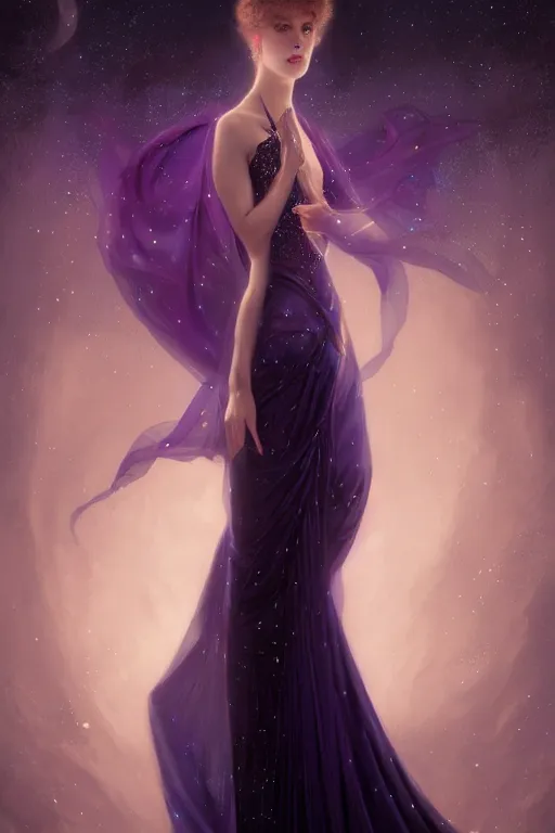 Image similar to Nocturne, glowing, stars, a long-legged elegant evil woman, highly detailed, mysterious, ethereal, dressed in ultra violet velvet, haute couture, illustration, dramatic lighting, soft details, painting, by Edmund Blair Leighton, Brom, Charlie Bowater, trending on artstation, faces by Tom Bagshaw, otto schmidt