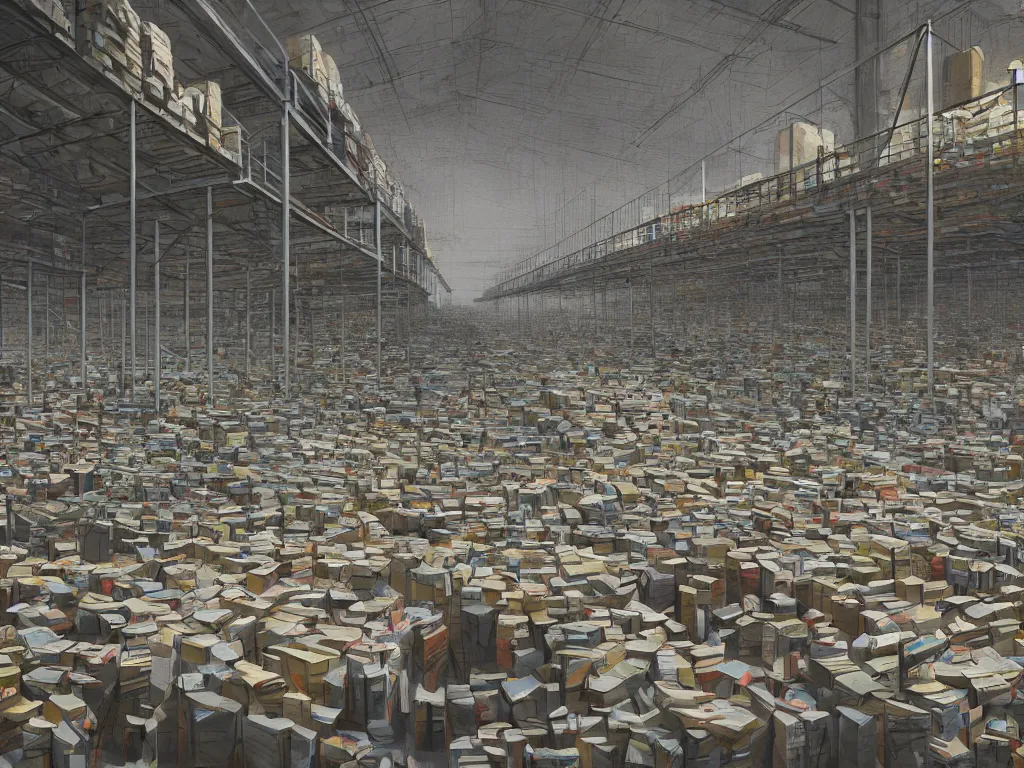 Image similar to a warehouse with huge shelves in which stacks of paper are stored in a painting from stalenhag, 4 k, 8 k, hdr, artstation, concept art