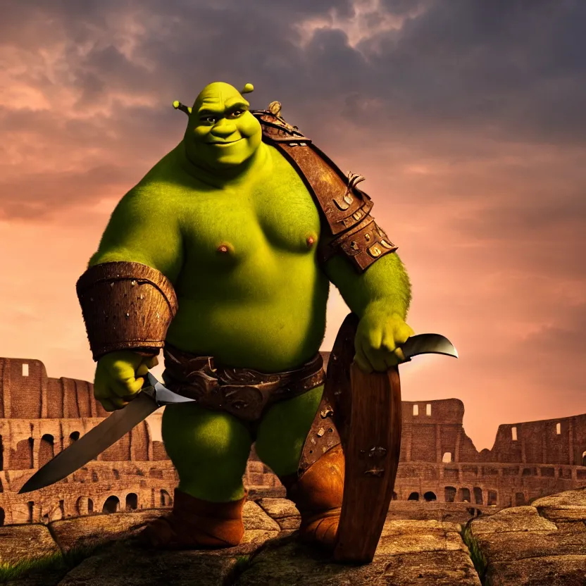 Prompt: shrek as a gladiator holding a sword, roman colosseum, sunset, cinematic lighting, volumetric lighting, award winning photography, highly detailed, intricate, sharp focus, 4 k wallpaper, unreal engine, 9 0 mm, f / 1. 4