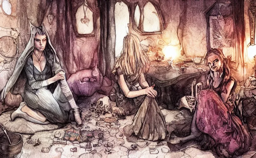 Image similar to women in the interior of a witches magical cottage, Milo Manara, night time, Margot Robbie, Scarlett Johanson, zoey Deschannel, smoking cigarettes, playing board games, highly detailed, pencil and watercolor, Tarantino movie posters, melancholy, level design, concept art, artstation, cgsociety, zenith view