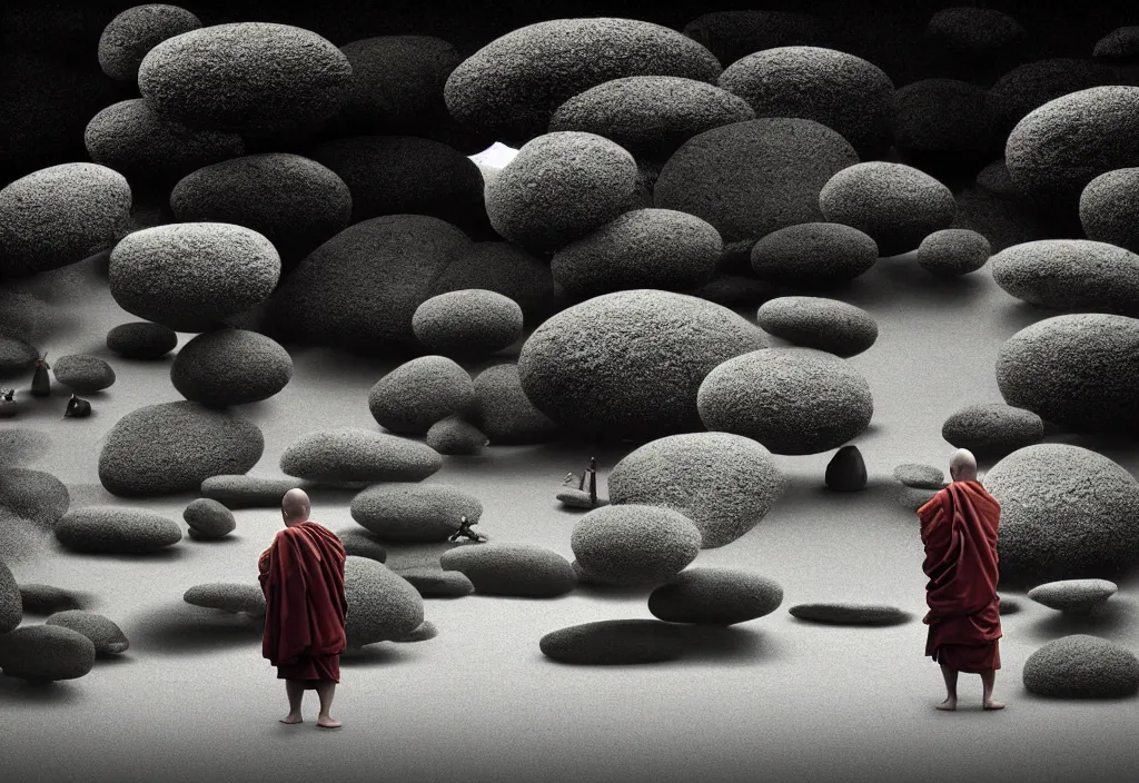 Image similar to portrait of a lone monk raking stones in a beautiful serene zen garden kyoto, japan, a collage painting, in the style of wes anderson, lola dupre, david hockney, isolated on negative white space background dark monochrome fluorescent neon spraypaint accents volumetric octane render