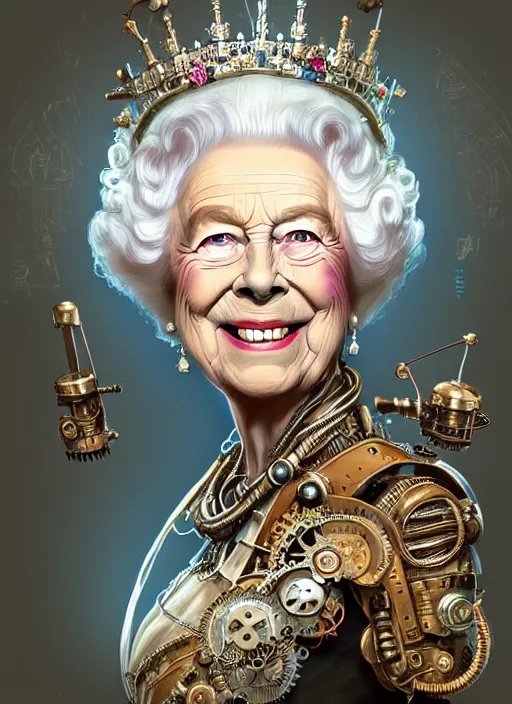 Prompt: portrait of a smiling old queen elisabeth ii, robot steampunk, floral! horizon zero dawn machine, intricate, elegant, highly detailed, ray tracing, digital painting, artstation, concept art, smooth, sharp focus, illustration, art by artgerm and greg rutkowski and alphonse mucha, 8 k