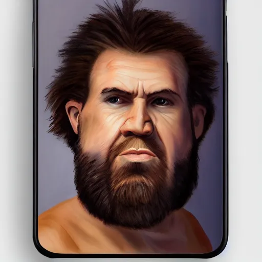 Image similar to caveman holding iphone, portrait