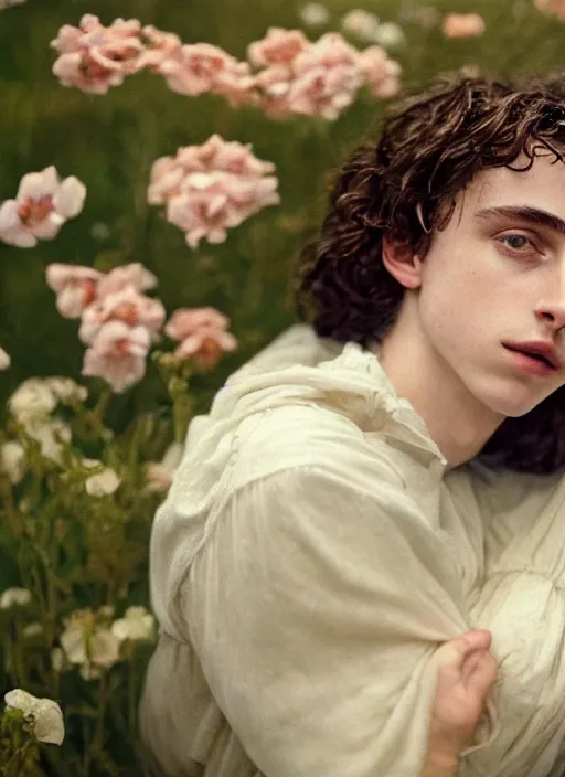 Image similar to Kodak Portra 400, 8K,ARTSTATION, Caroline Gariba, soft light, volumetric lighting, highly detailed, britt marling style 3/4 , extreme Close-up portrait photography of a Timothee Chalamet hiding in flowers how pre-Raphaelites with his eyes closed,inspired by Ophelia paint, his face is under water Pamukkale, face above water in soapy bath tub, hair are intricate with highly detailed realistic , Realistic, Refined, Highly Detailed, interstellar outdoor soft pastel lighting colors scheme, outdoor fine photography, Hyper realistic, photo realistic