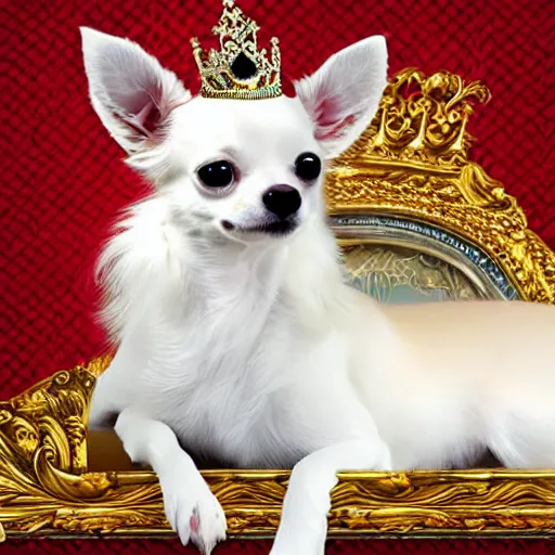 Image similar to long hair white chihuahua king wearing a red and gold crown cinematic composition, digital art, cute