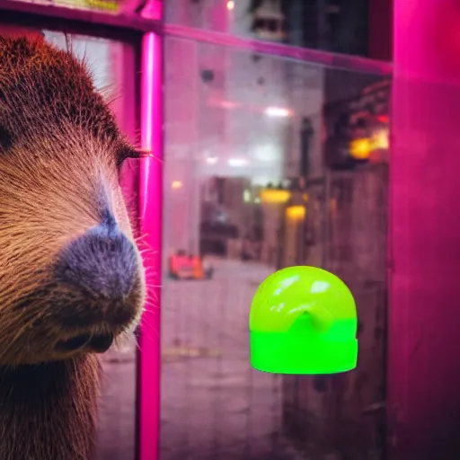 Image similar to capybara drinking bubble tea in cyberpunk, neon, pink and cyan seoul, detailed, street photography