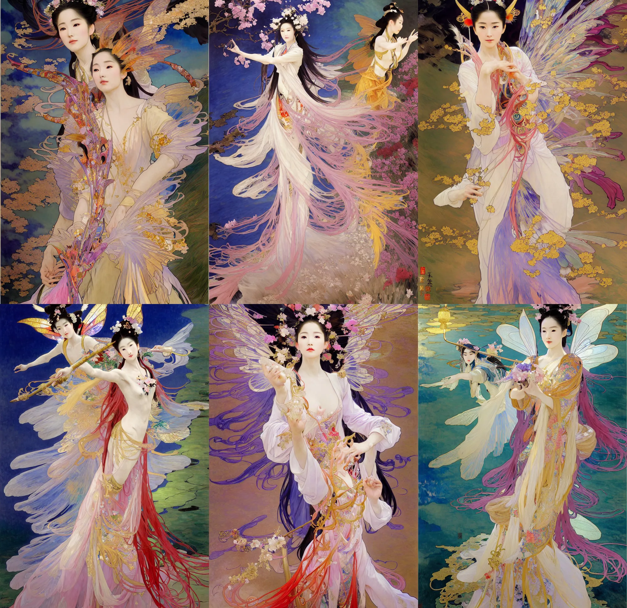 Prompt: oil painting by john singer sargent, yoshitaka amano, alfons mucha and makoto shinkai. chinese taoist fairy goddess played by liu yifei, colorful clothes and feather clothes of the tang dynasty, hyper detailed, character concept, full body, dynamic pose, intricate, lineart, cerpuscular rays, lily flowers. 8 k