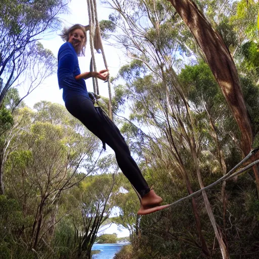 Prompt: rope swing across gully in Australian native bushland