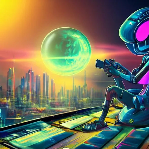 Image similar to cute cyberpunk alien playing electric guitar on stage overlooking futuristic space city with view of ringed planet rising on the horizon detailed painting 4 k